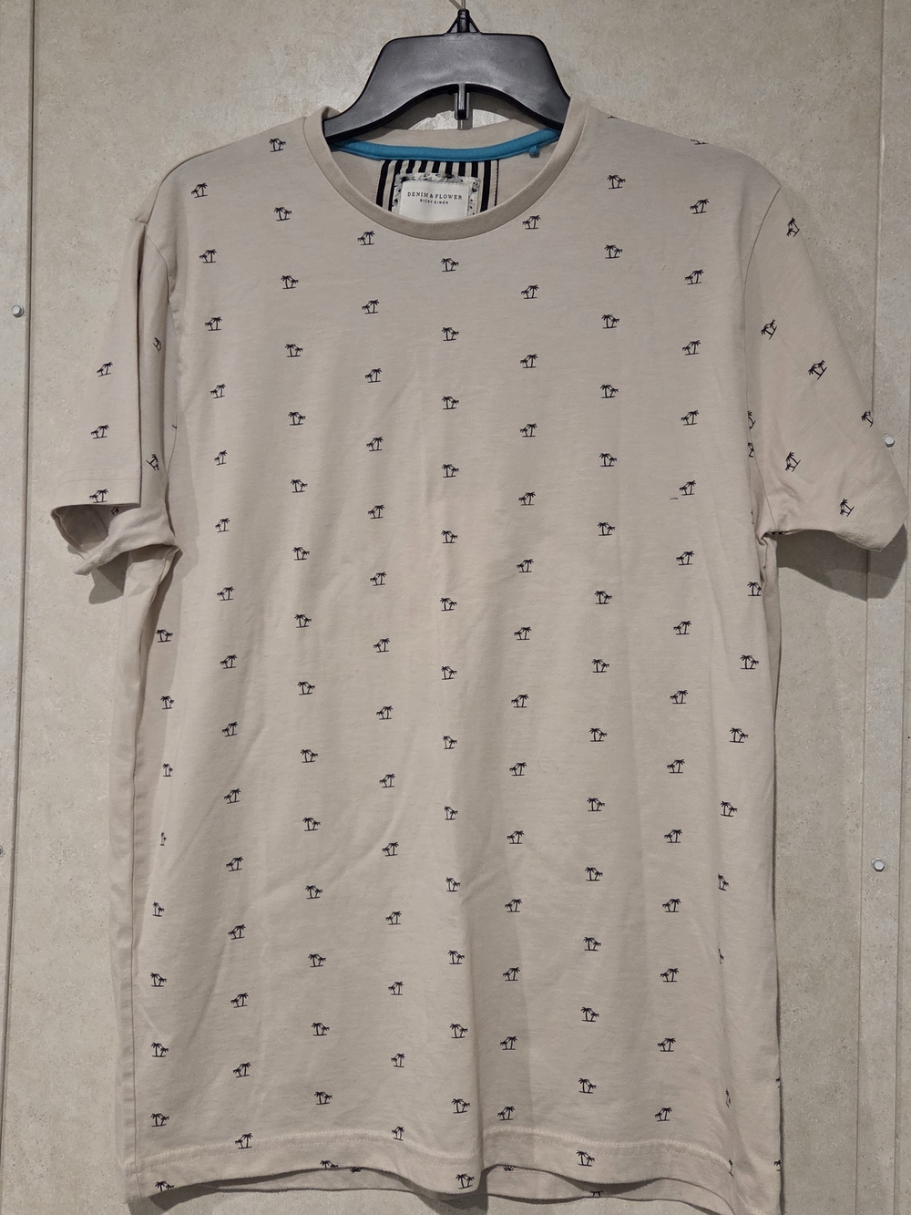 Denim & Flower Beige Short‑Sleeve Crewneck T-Shirt with Palm Print